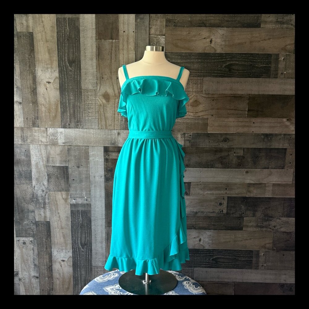Vintage 70s wrap dress medium teal retro maxi garden party feminine minimalist